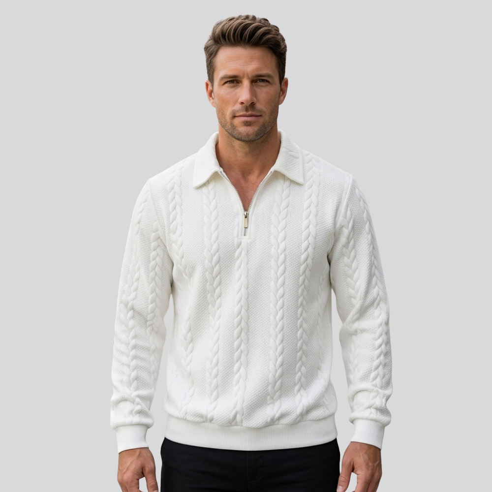 Men’s Quarter Zip Sweater Cable Knit Collared Pullover