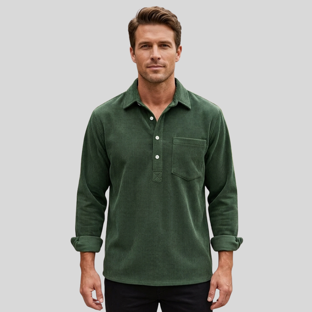Men’s Long Sleeve Polo Shirt Casual Collared Button Front Pocket Top