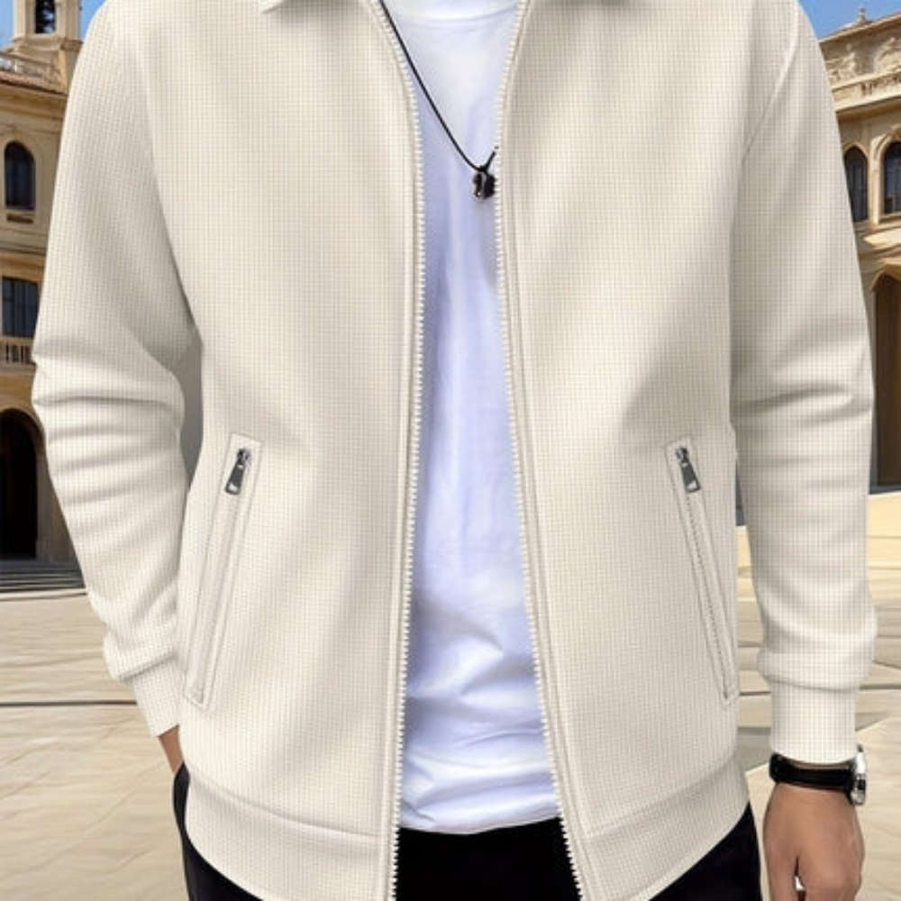 Men’s Textured Zip-Up Jacket with Stand Collar for Everyday Wear