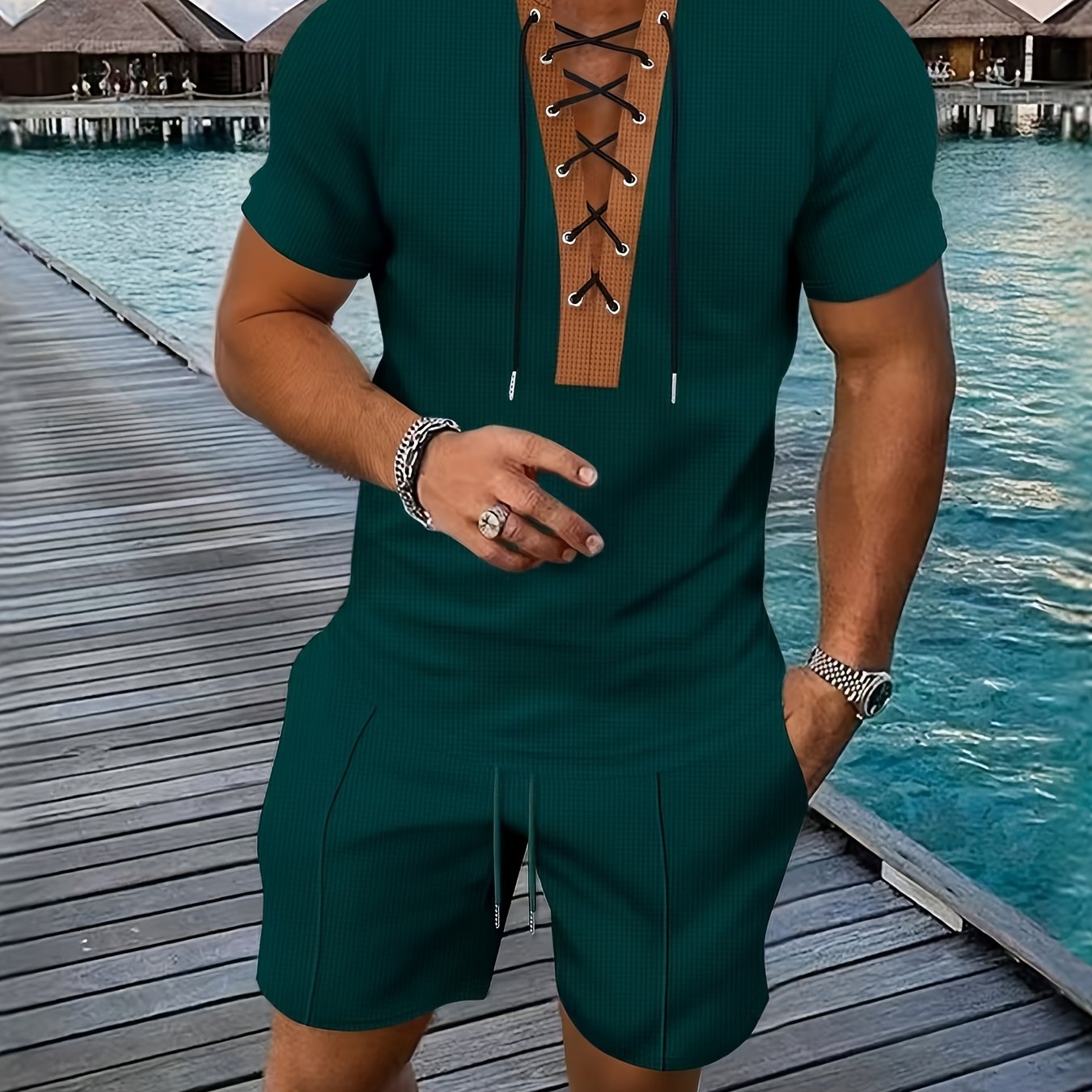 Men’s Lace Up V Neck Shirt and Shorts Set Casual Summer Outfit