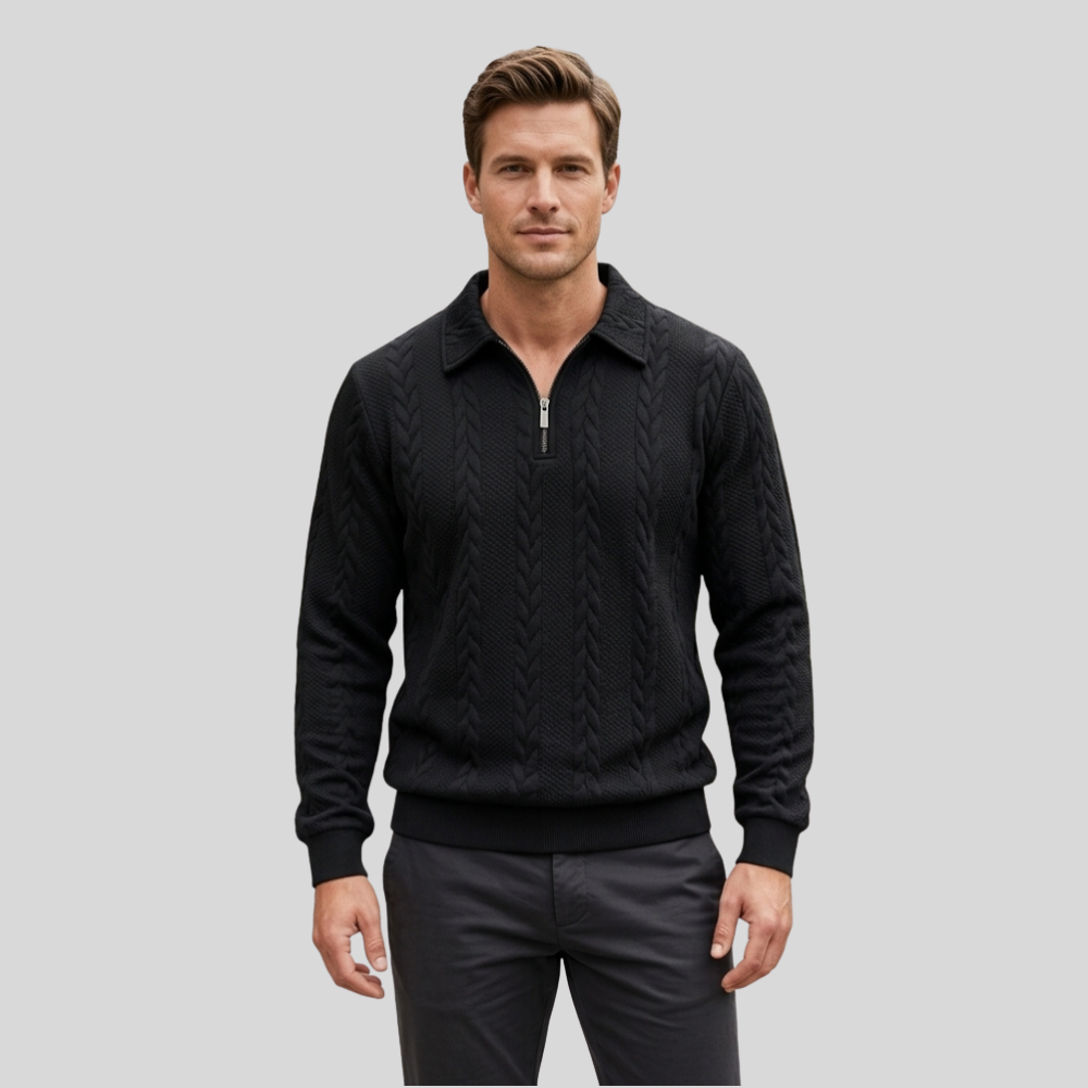 Men’s Quarter Zip Sweater Cable Knit Collared Pullover