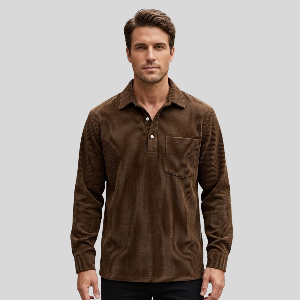 Men’s Long Sleeve Polo Shirt Casual Collared Button Front Pocket Top