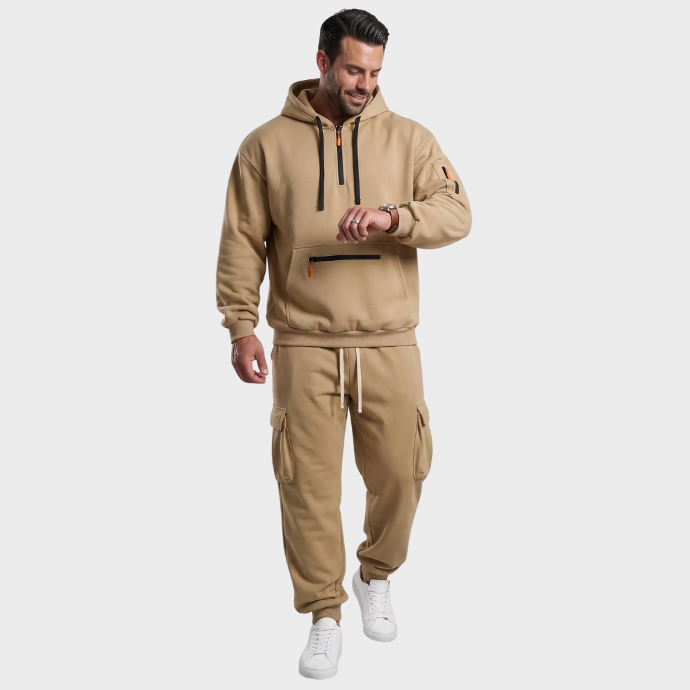 Men’s Hooded Sweatshirt Set – Casual Drawstring Top and Cargo Jogger Pants