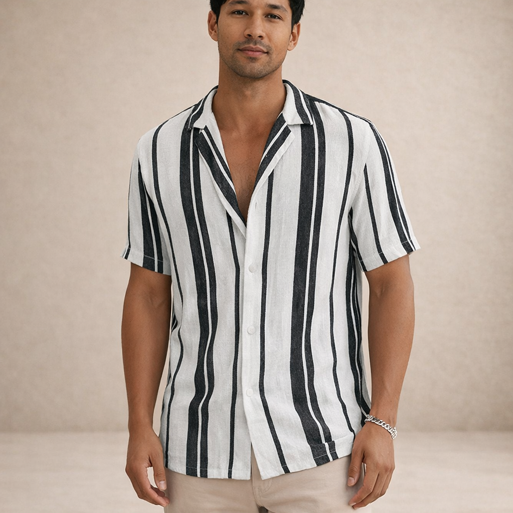 Men’s Striped Button Up Shirt Casual Short Sleeve Summer Beach Shirt