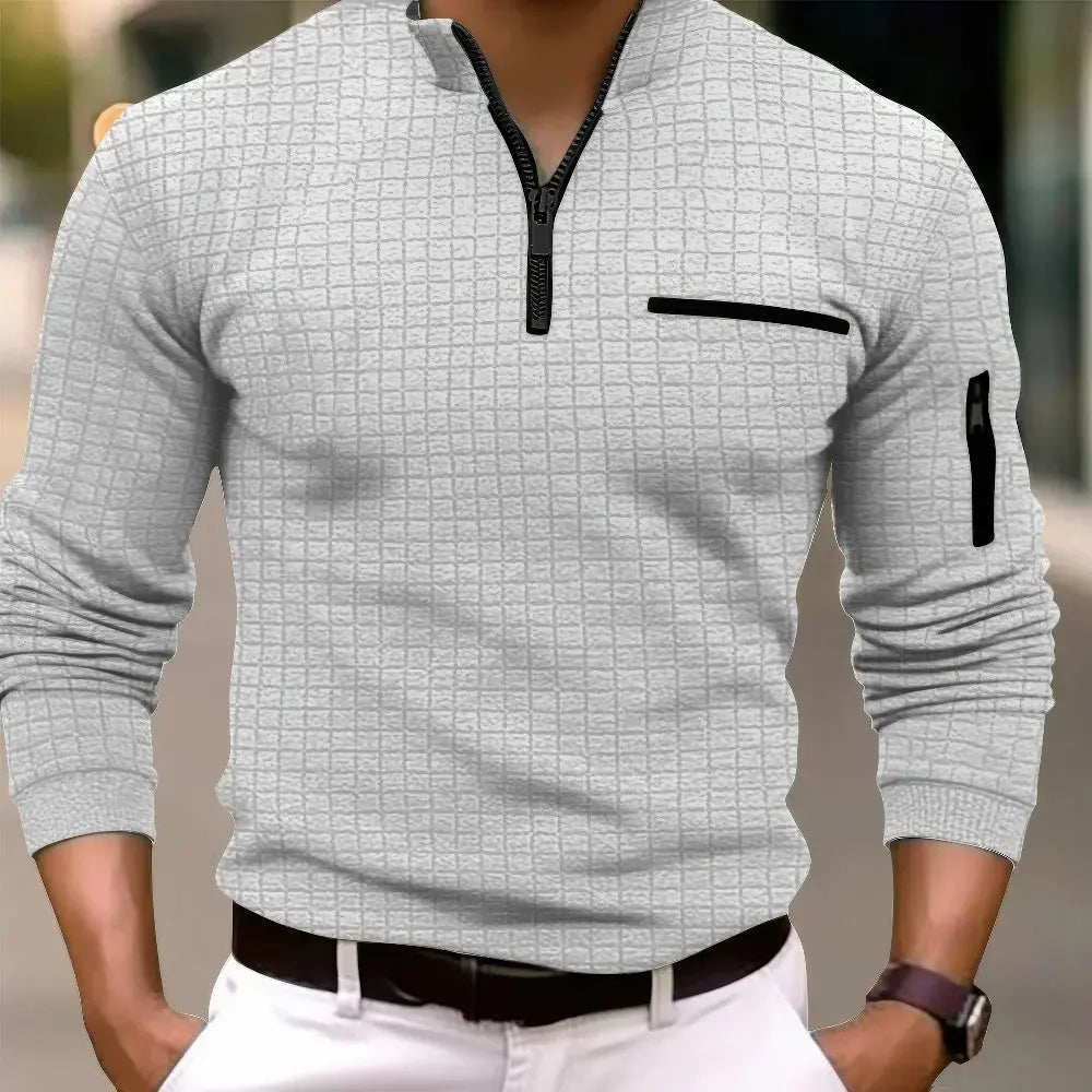 Men's Casual Cotton Long Sleeve Polo Shirt Pocket Zipper - Solorfit