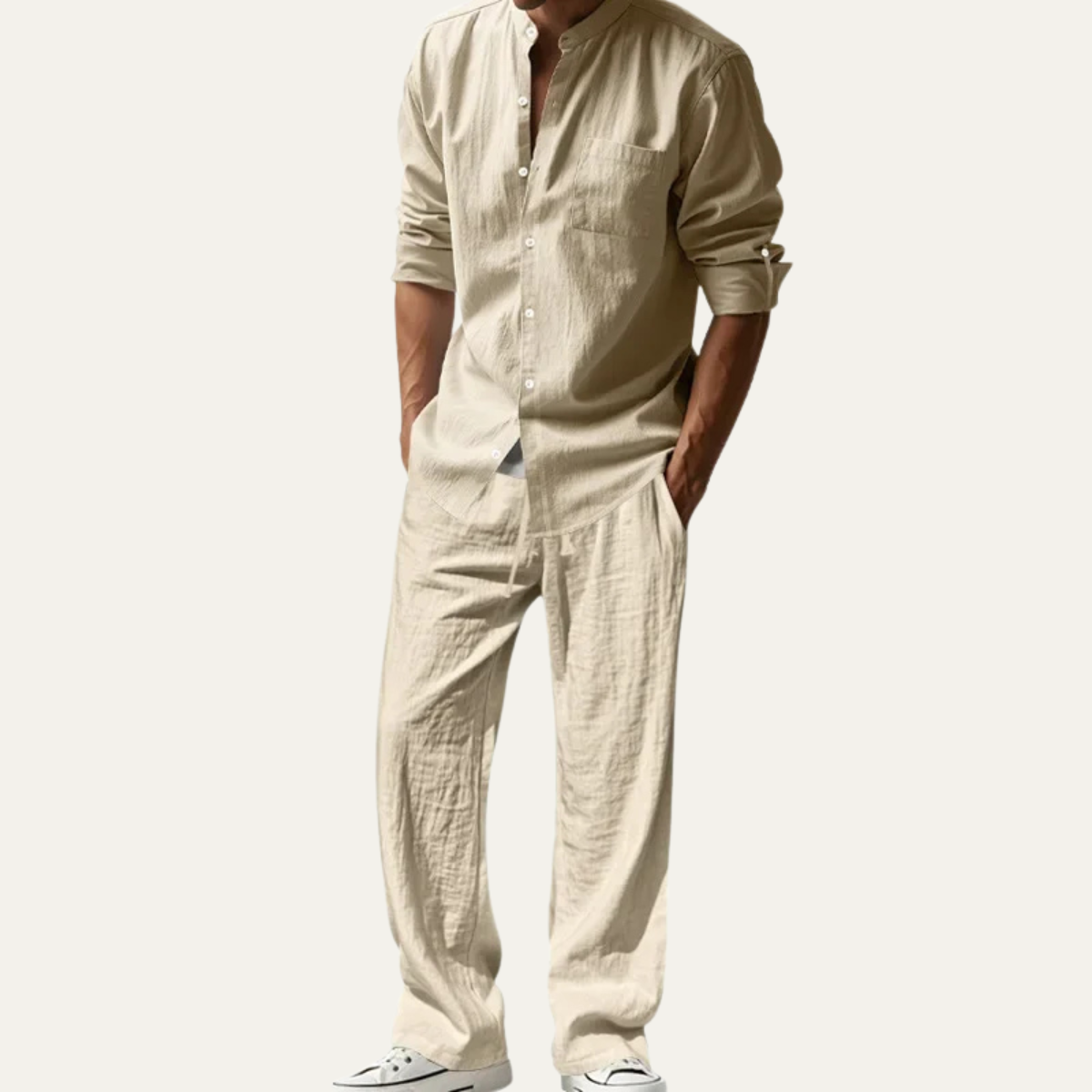 Men’s Casual Shirt and Drawstring Pants Set Long Sleeve Two Piece Outfit
