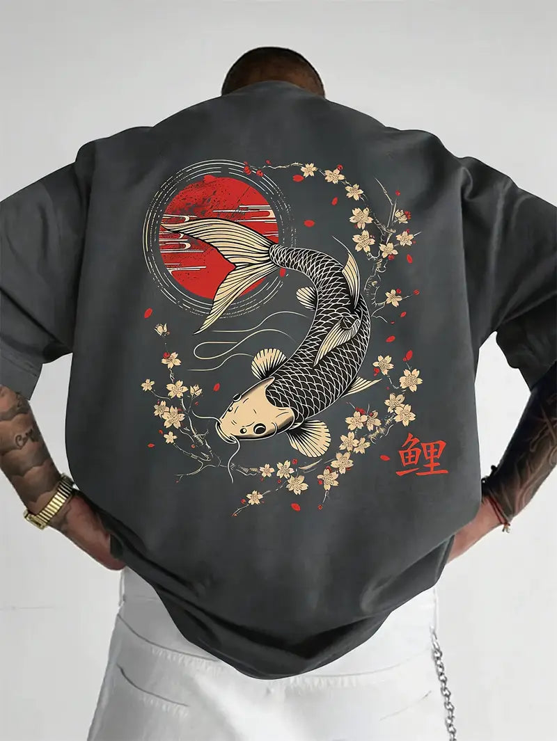 Men's Casual Koi & Cherry Blossom T-Shirt – Loose Fit Summer Top with Glossy Finish - Solorfit