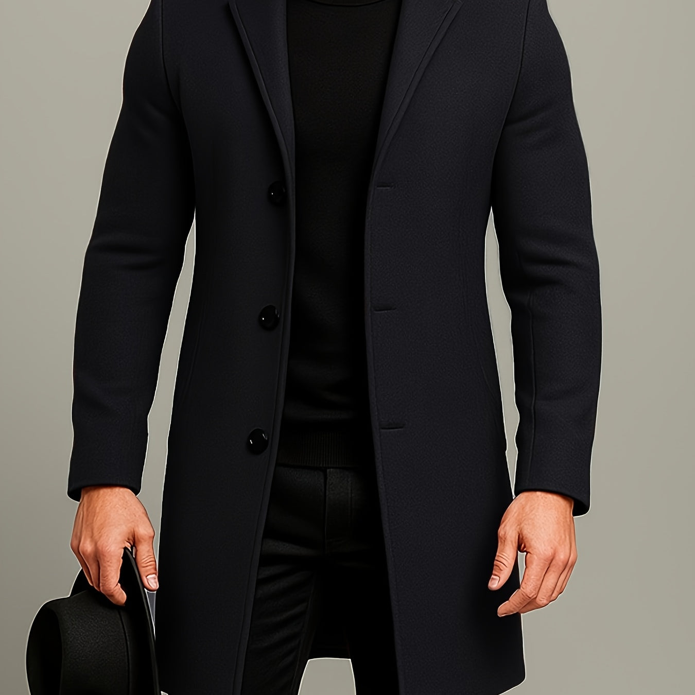 Men's Mid-Length Single-Breasted Tweed Overcoat Solid Color Trench Coat