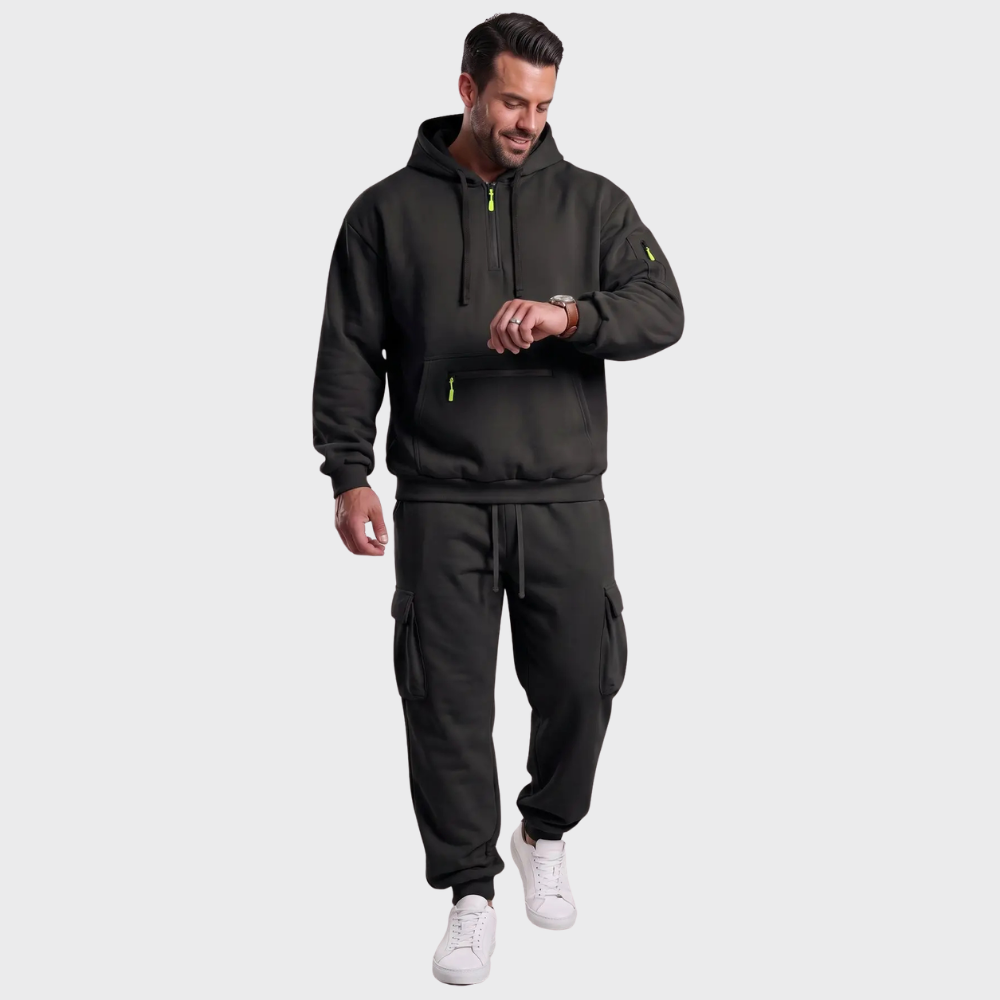 Men’s Hooded Sweatshirt Set – Casual Drawstring Top and Cargo Jogger Pants