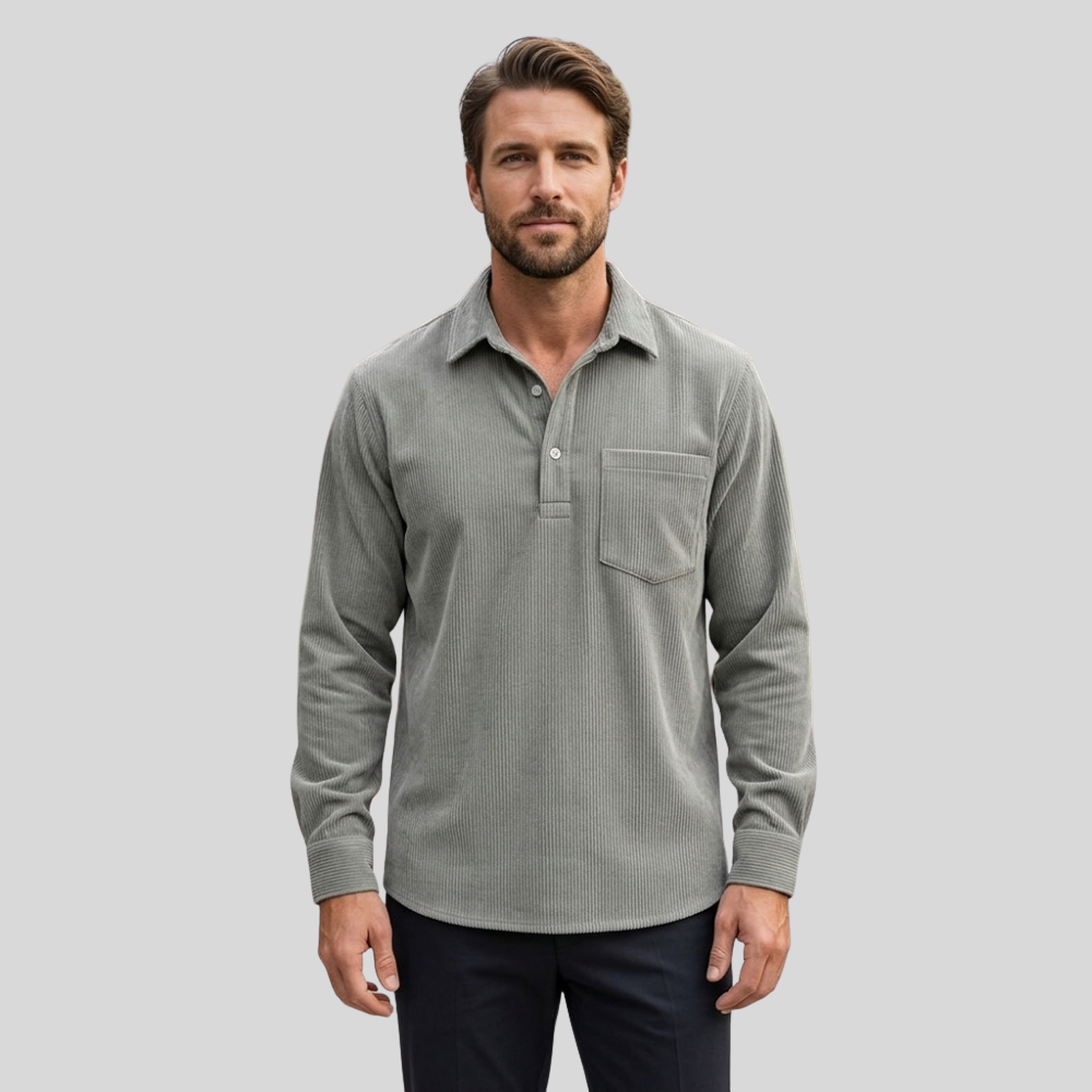 Men’s Long Sleeve Polo Shirt Casual Collared Button Front Pocket Top