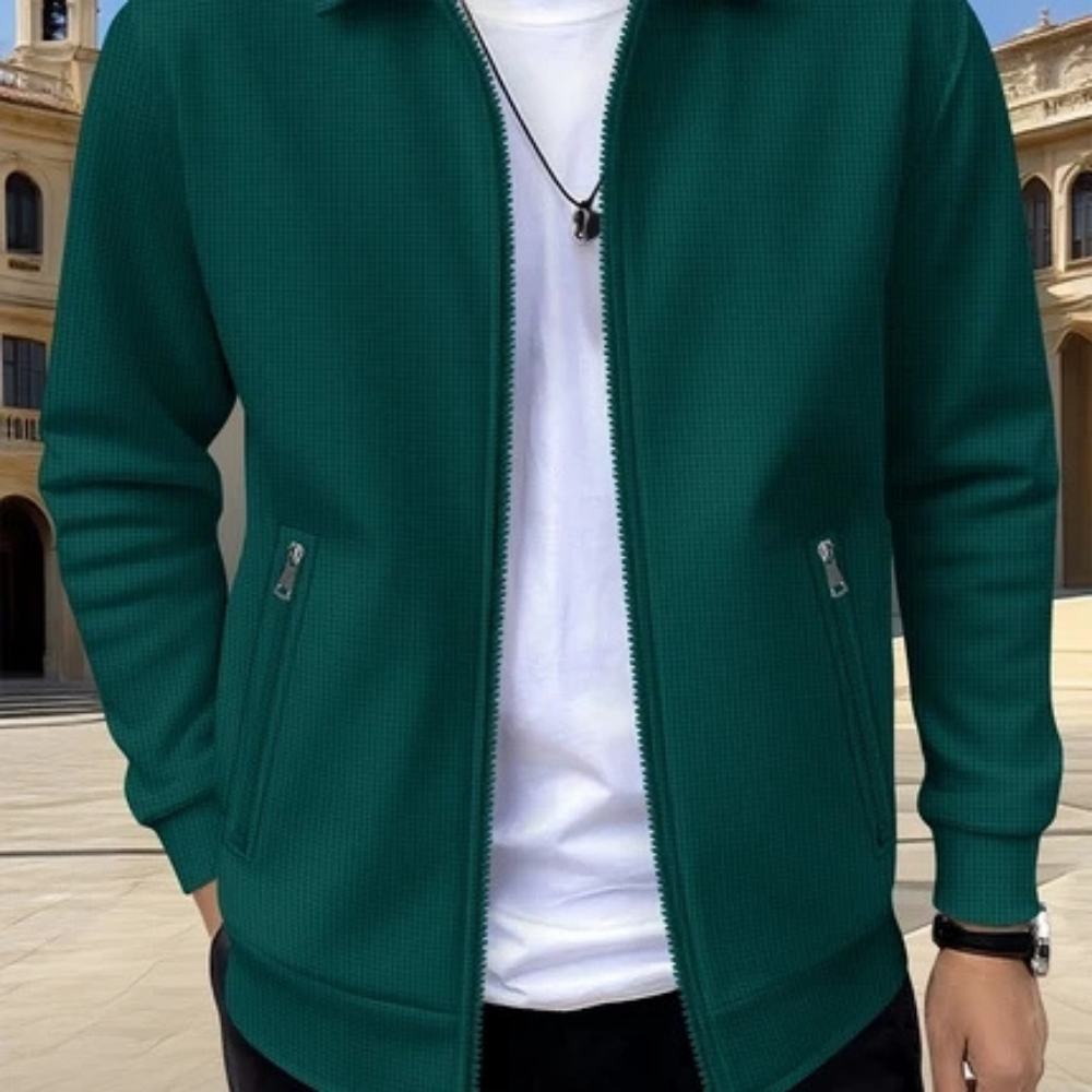 Men’s Textured Zip-Up Jacket with Stand Collar for Everyday Wear