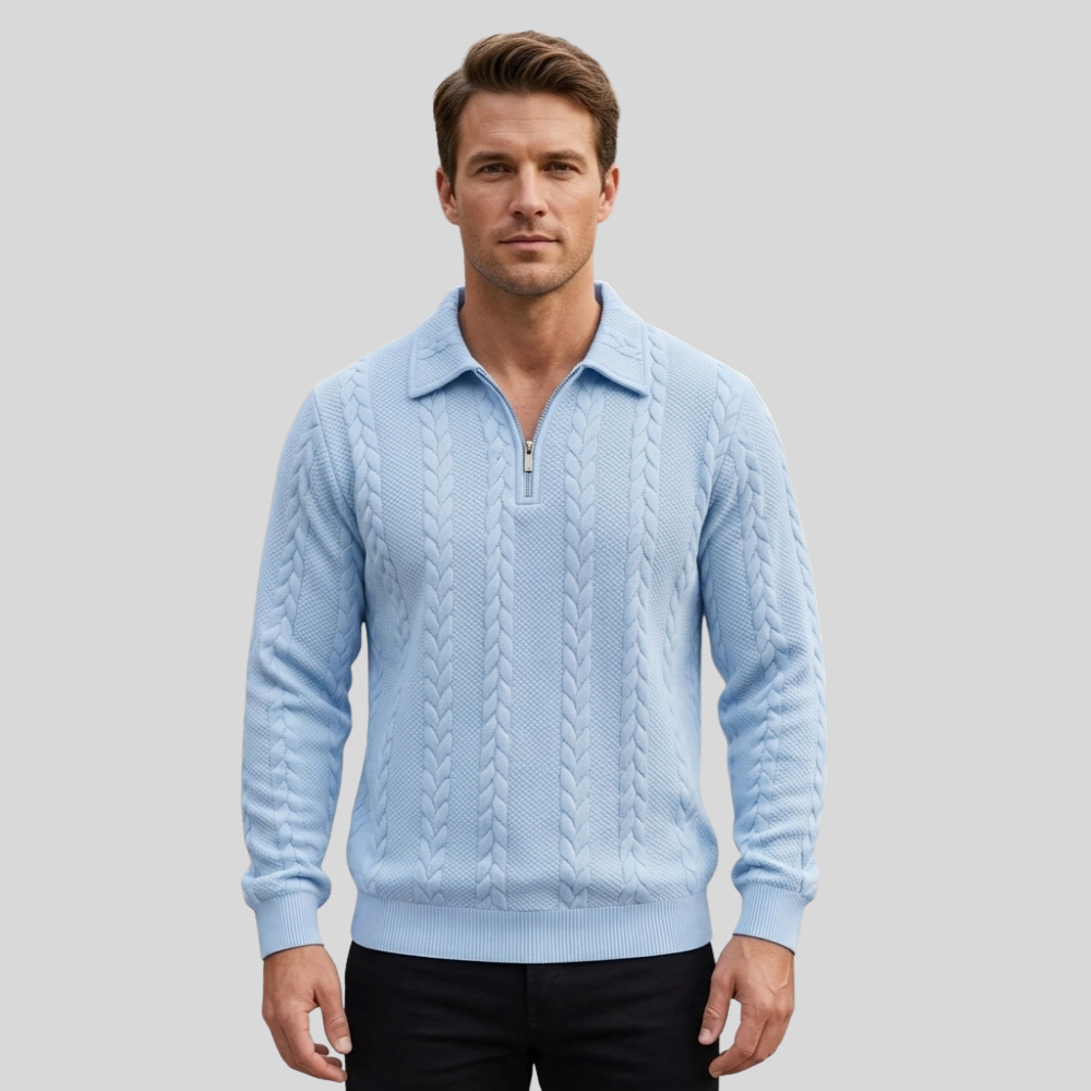 Men’s Quarter Zip Sweater Cable Knit Collared Pullover