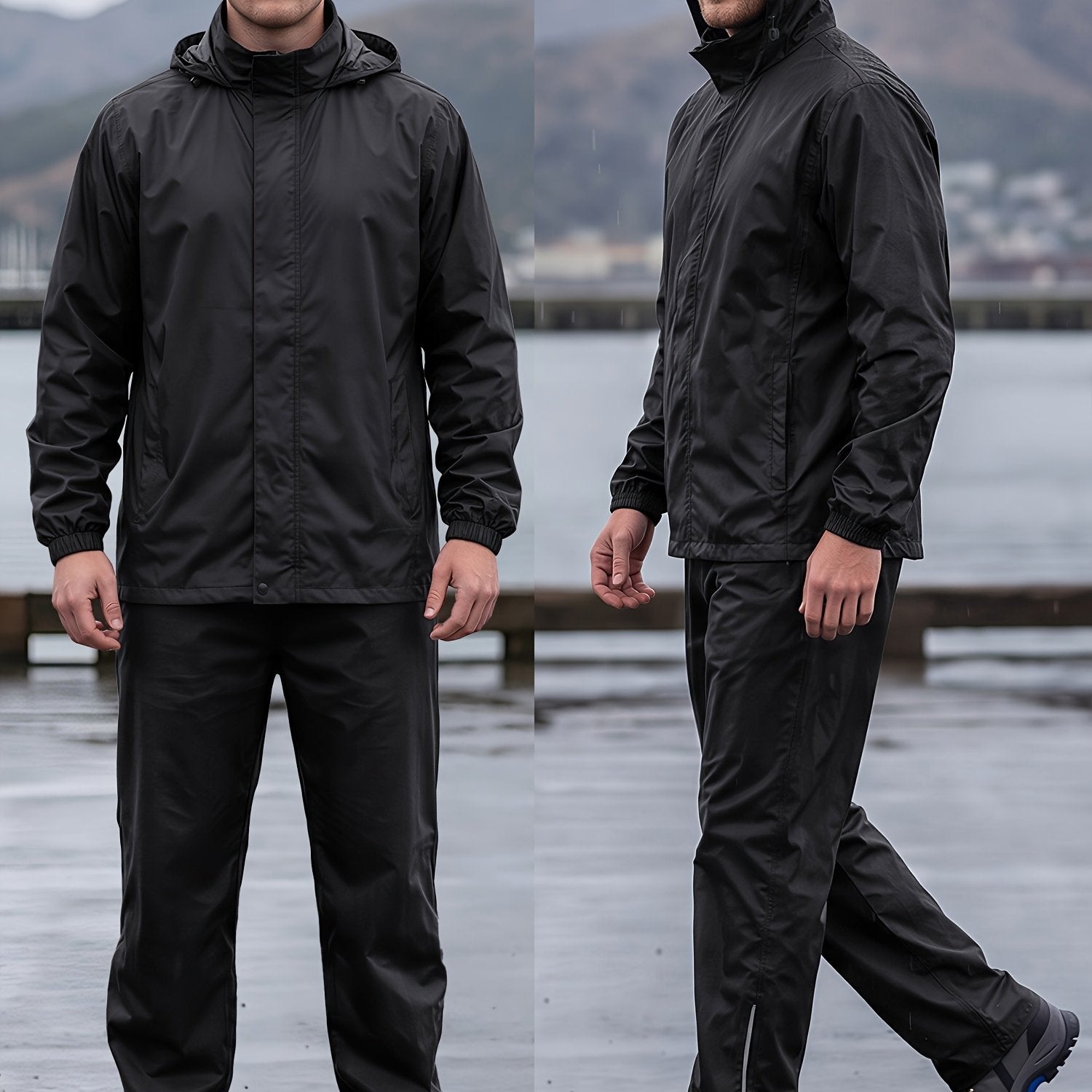 Men's Waterproof Rain Suit 2 Piece Set with Hooded Jacket and Trousers