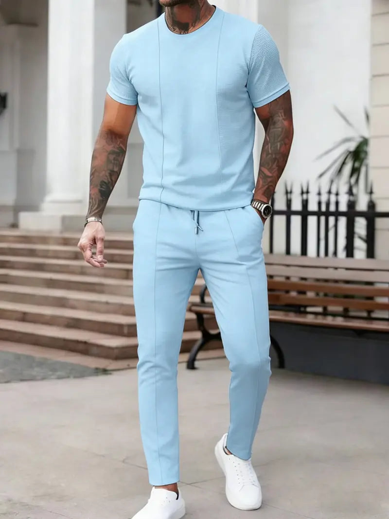 Men’s Casual Short Sleeve Shirt and Pants Set Slim Fit Everyday Outfit