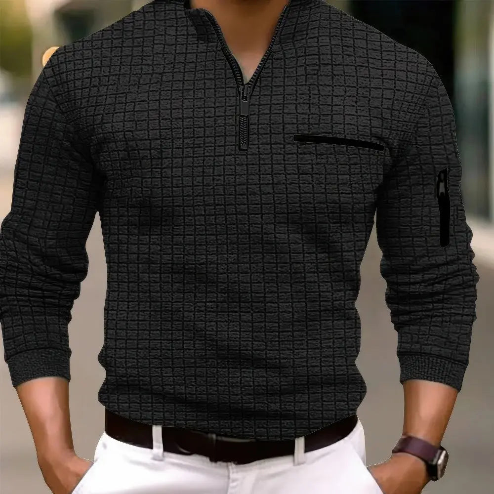 Men's Casual Cotton Long Sleeve Polo Shirt Pocket Zipper - Solorfit