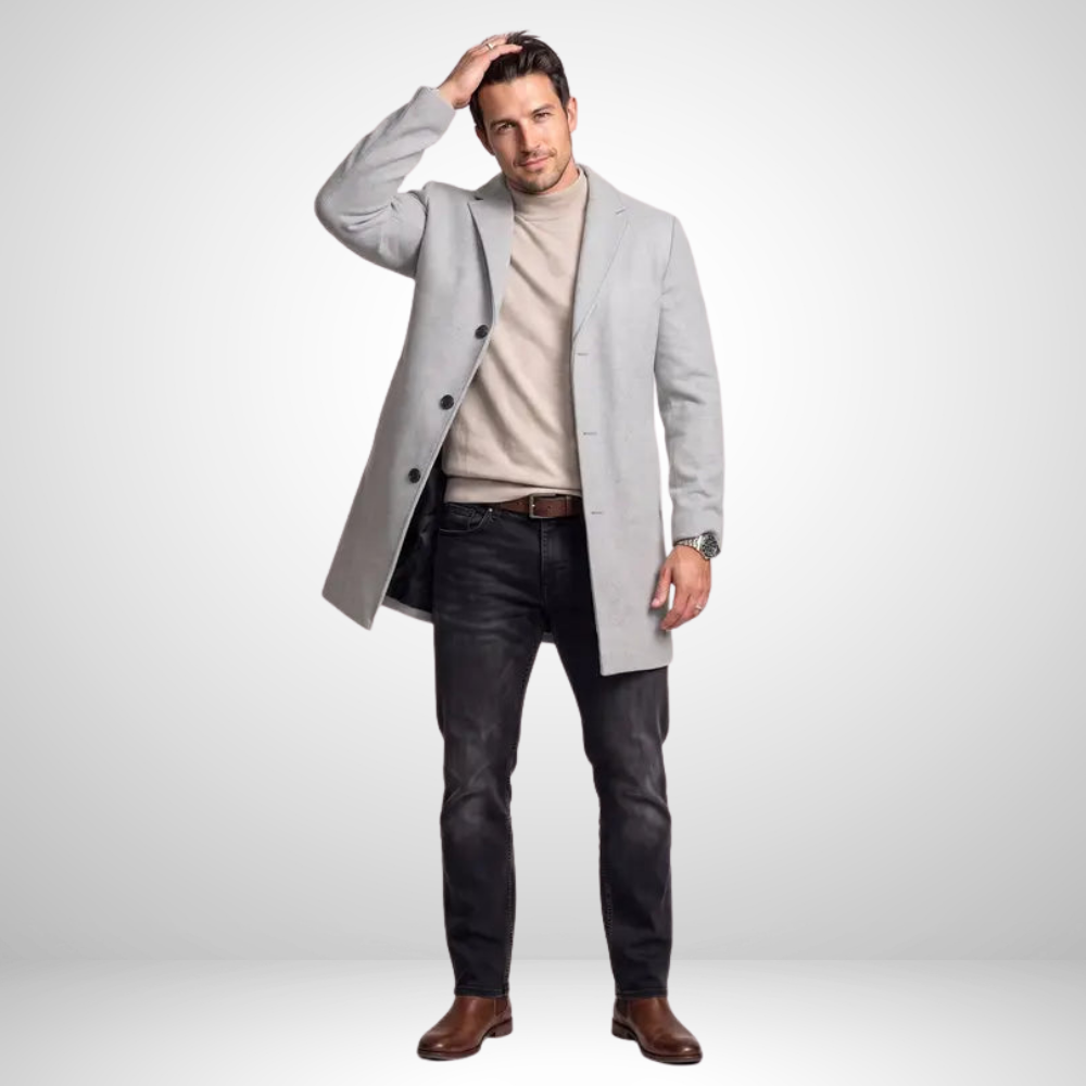 Men’s Long Overcoat Lapel Coat Casual Business Outerwear