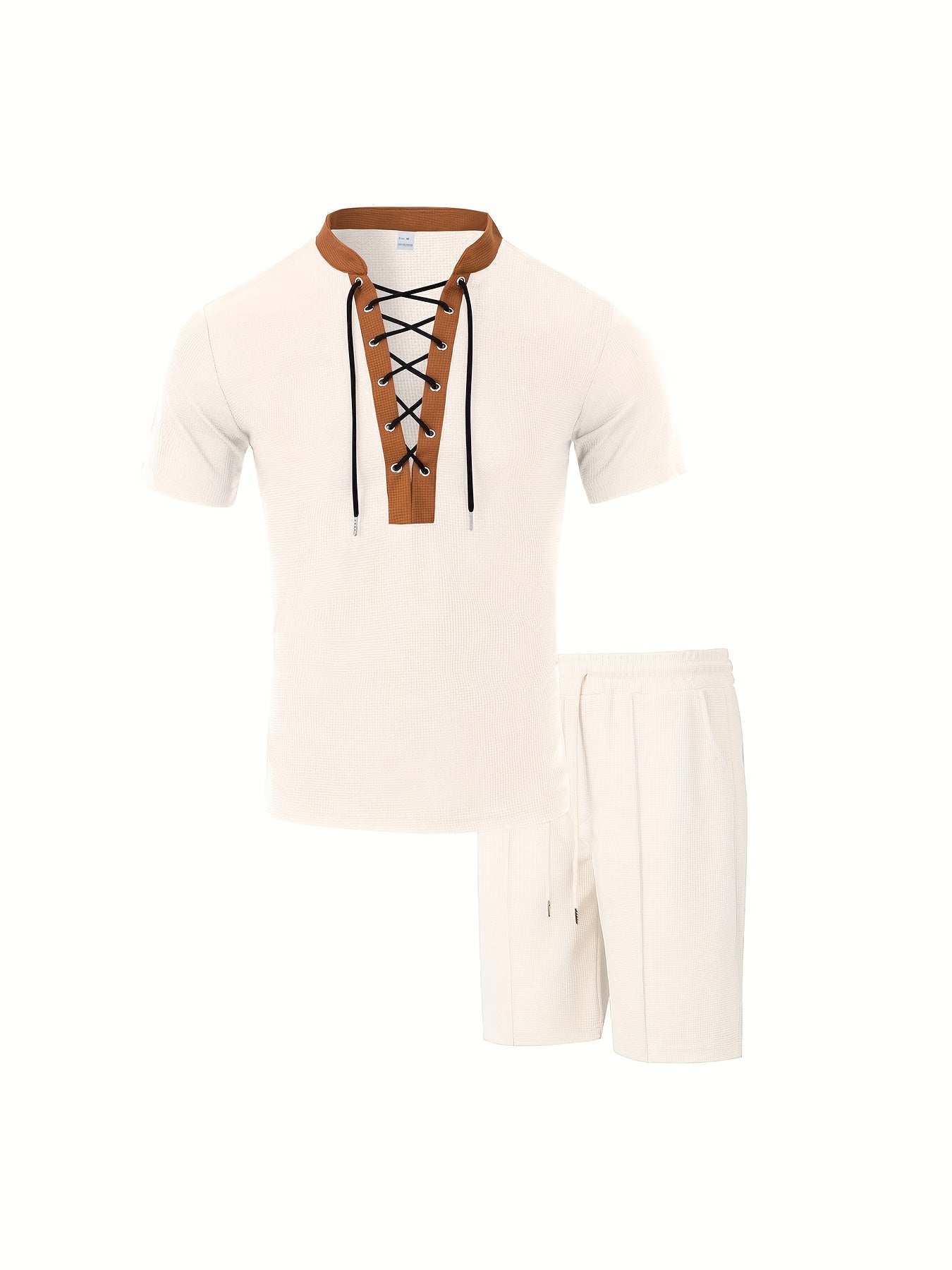 Men’s Lace Up V Neck Shirt and Shorts Set Casual Summer Outfit