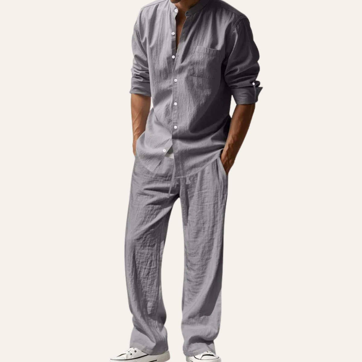 Men’s Casual Shirt and Drawstring Pants Set Long Sleeve Two Piece Outfit