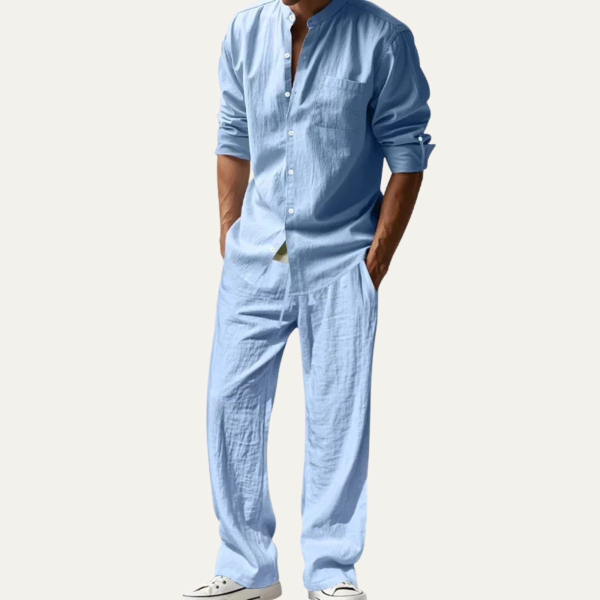 Men’s Casual Shirt and Drawstring Pants Set Long Sleeve Two Piece Outfit