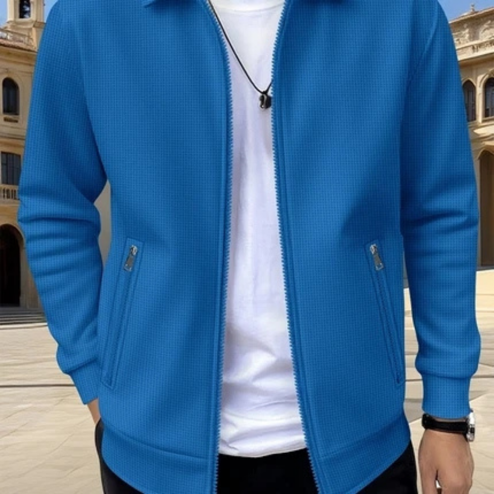 Men’s Textured Zip-Up Jacket with Stand Collar for Everyday Wear