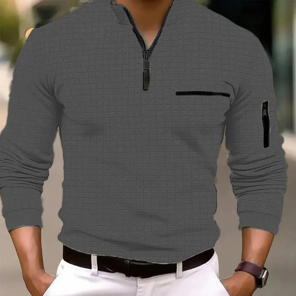 Men's Casual Cotton Long Sleeve Polo Shirt Pocket Zipper - Solorfit