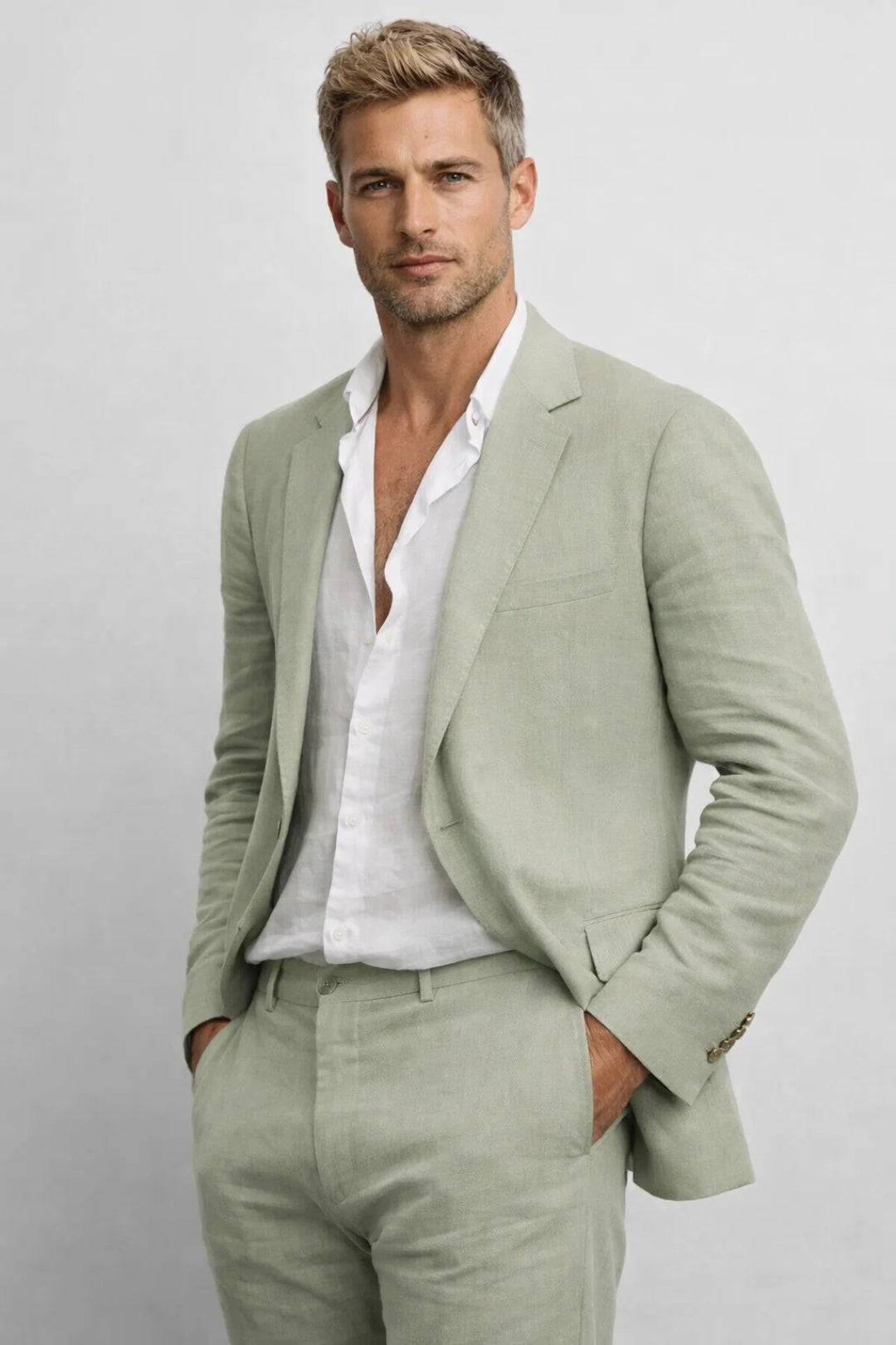 Men’s Linen Suit Set Lightweight Summer Blazer & Trousers Casual Wedding Outfit