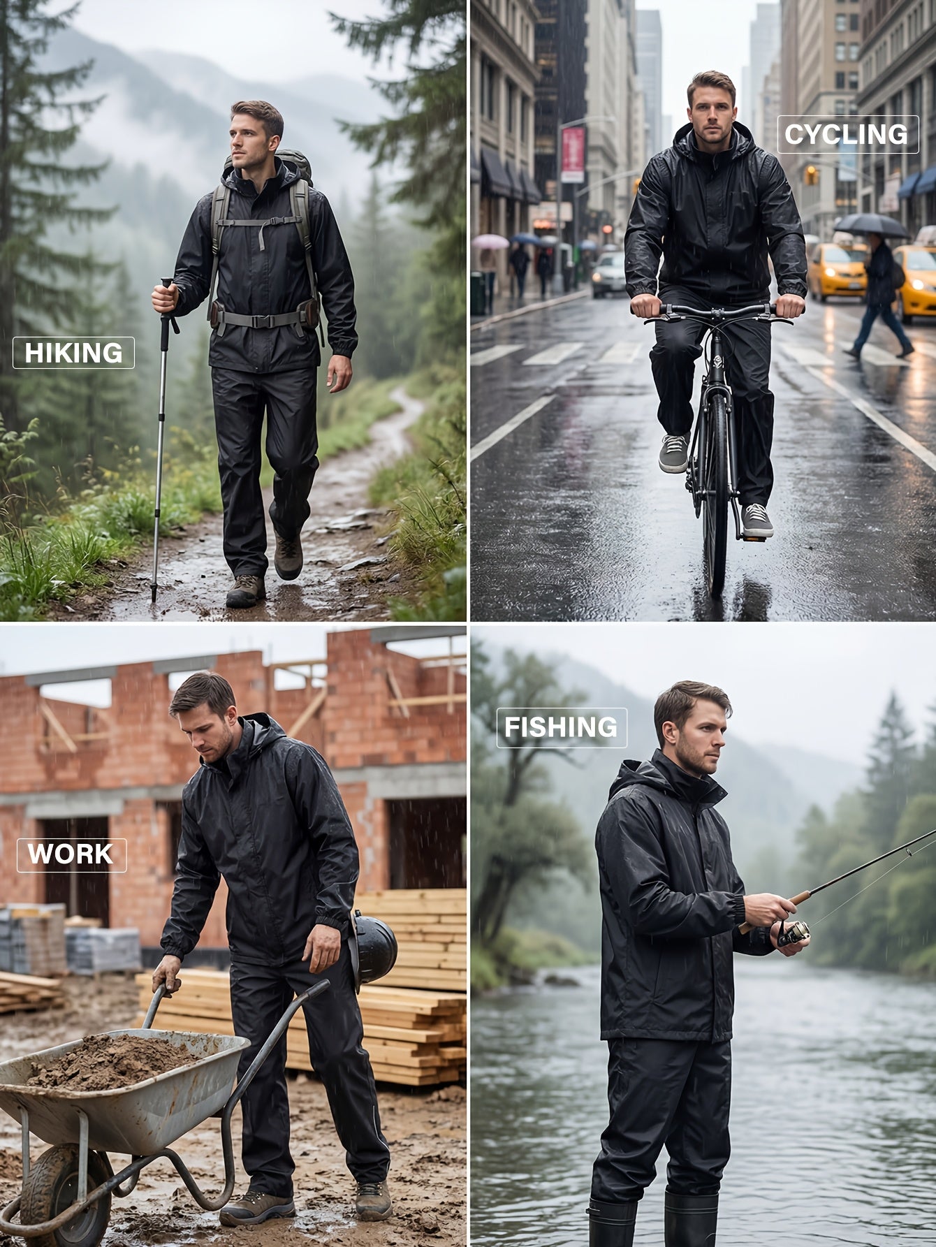 Men's Waterproof Rain Suit 2 Piece Set with Hooded Jacket and Trousers
