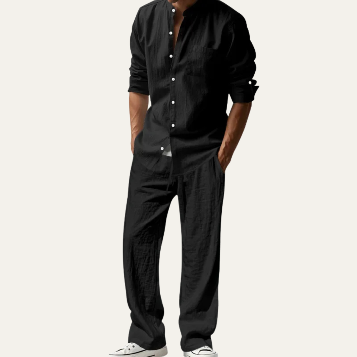 Men’s Casual Shirt and Drawstring Pants Set Long Sleeve Two Piece Outfit