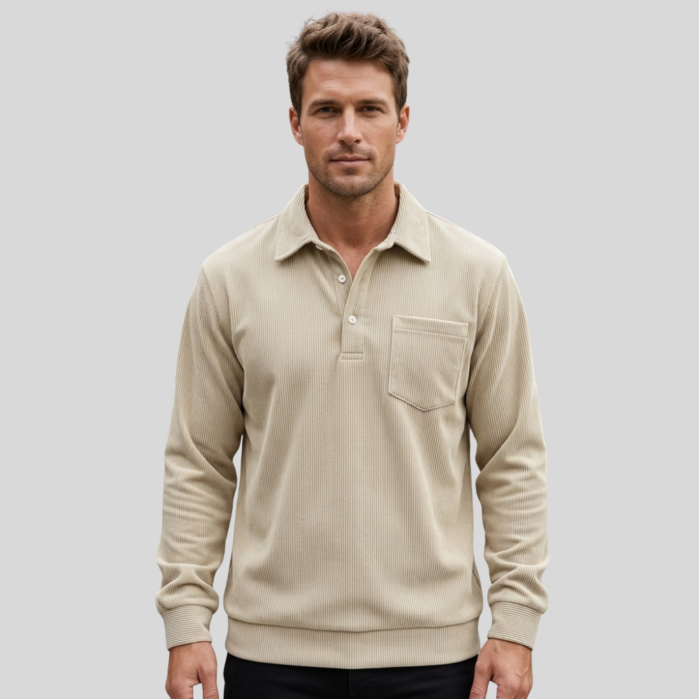 Men’s Long Sleeve Polo Shirt Casual Collared Button Front Pocket Top