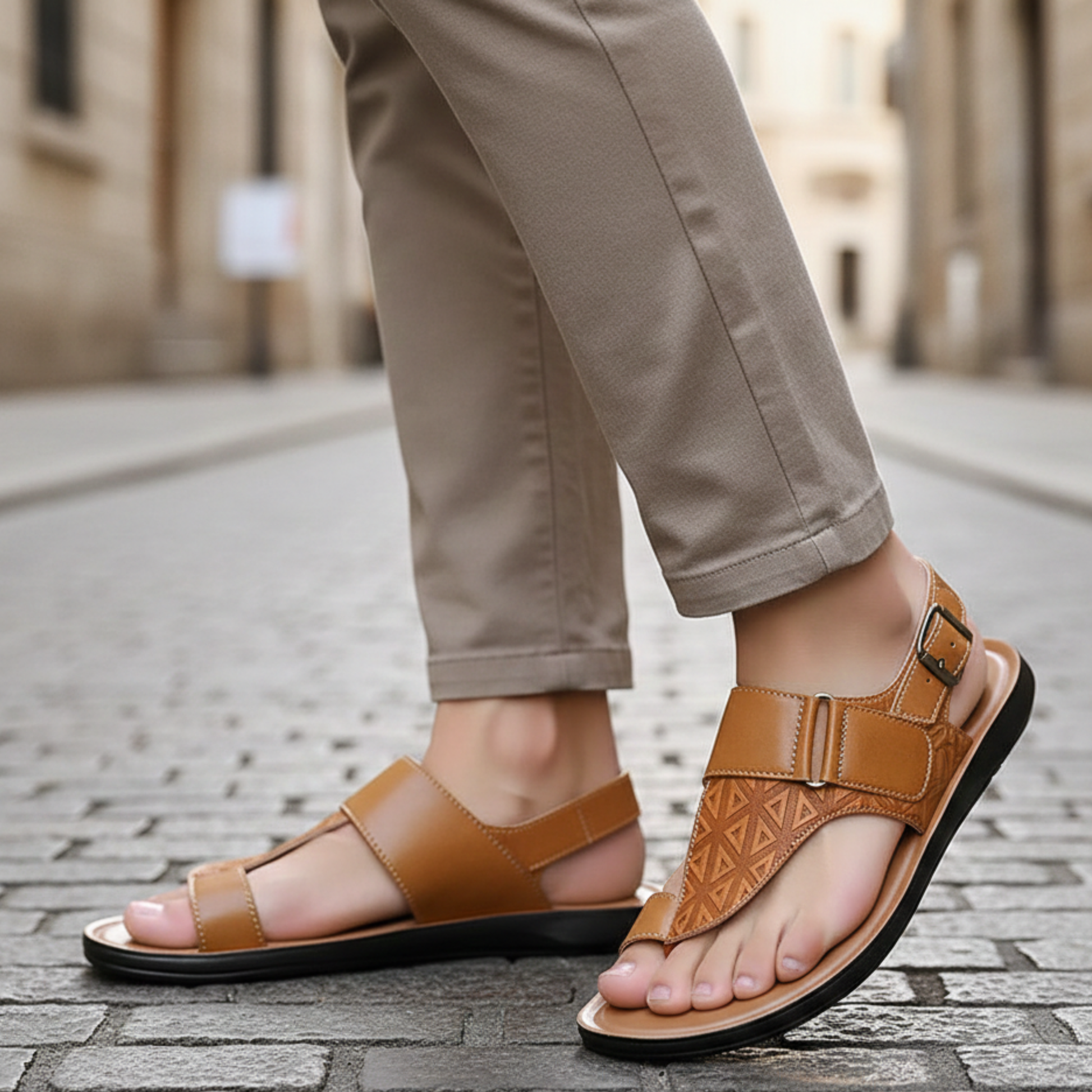 Sandals Leather Adjustable Strap Flat Men
