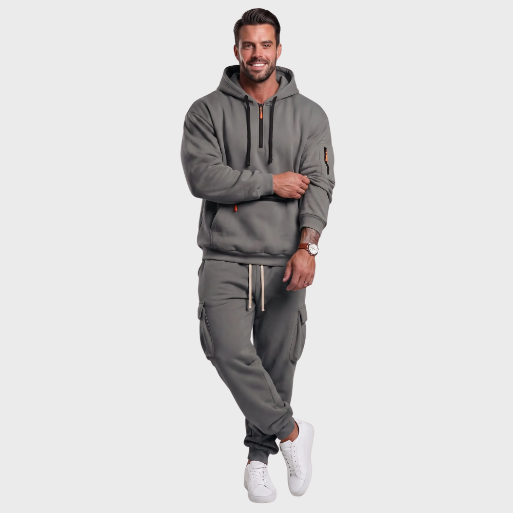 Men’s Hooded Sweatshirt Set – Casual Drawstring Top and Cargo Jogger Pants