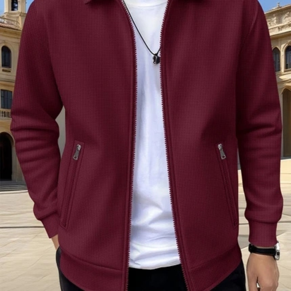 Men’s Textured Zip-Up Jacket with Stand Collar for Everyday Wear