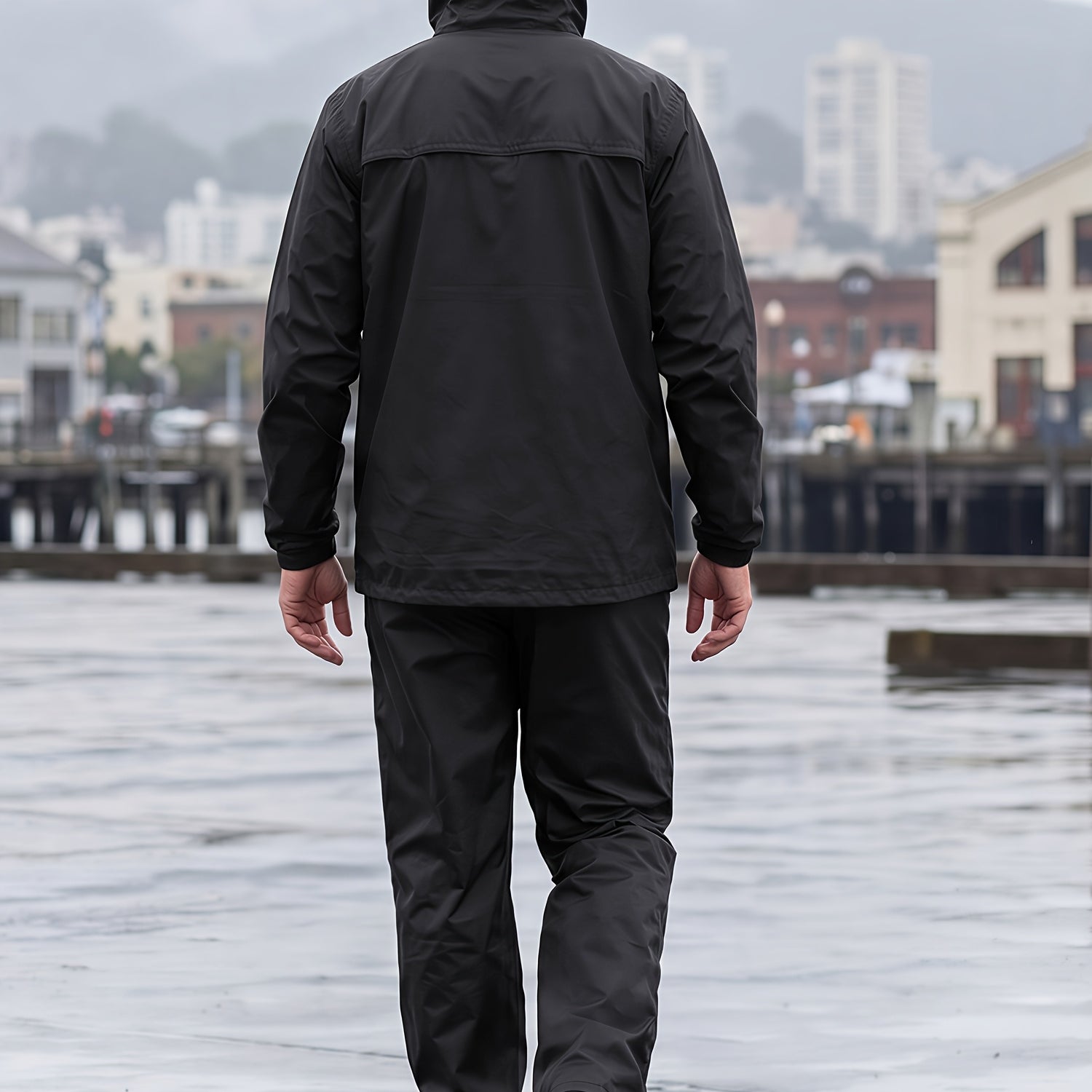 Men's Waterproof Rain Suit 2 Piece Set with Hooded Jacket and Trousers