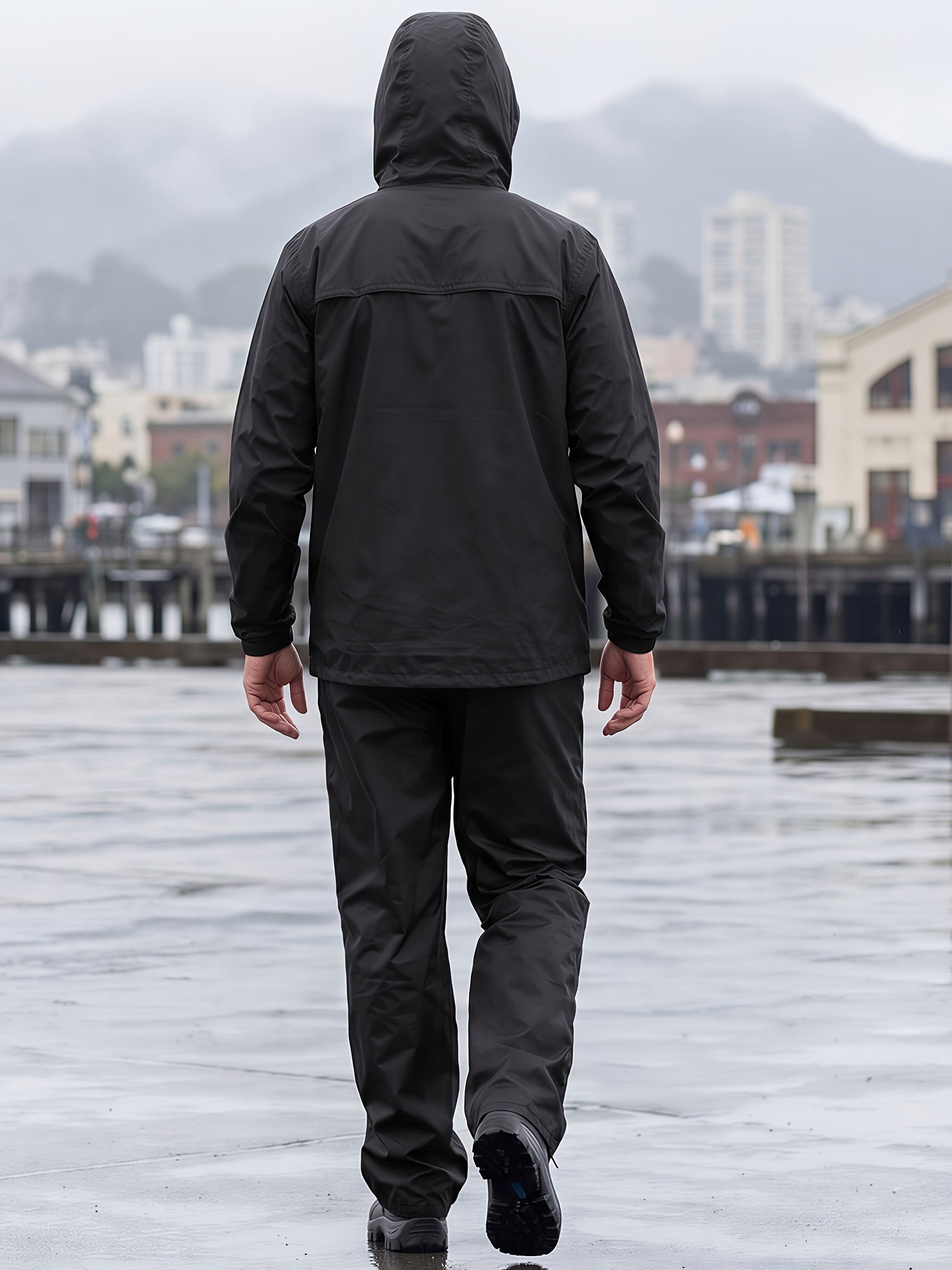 Men's Waterproof Rain Suit 2 Piece Set with Hooded Jacket and Trousers