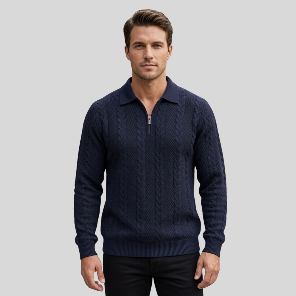 Men’s Quarter Zip Sweater Cable Knit Collared Pullover