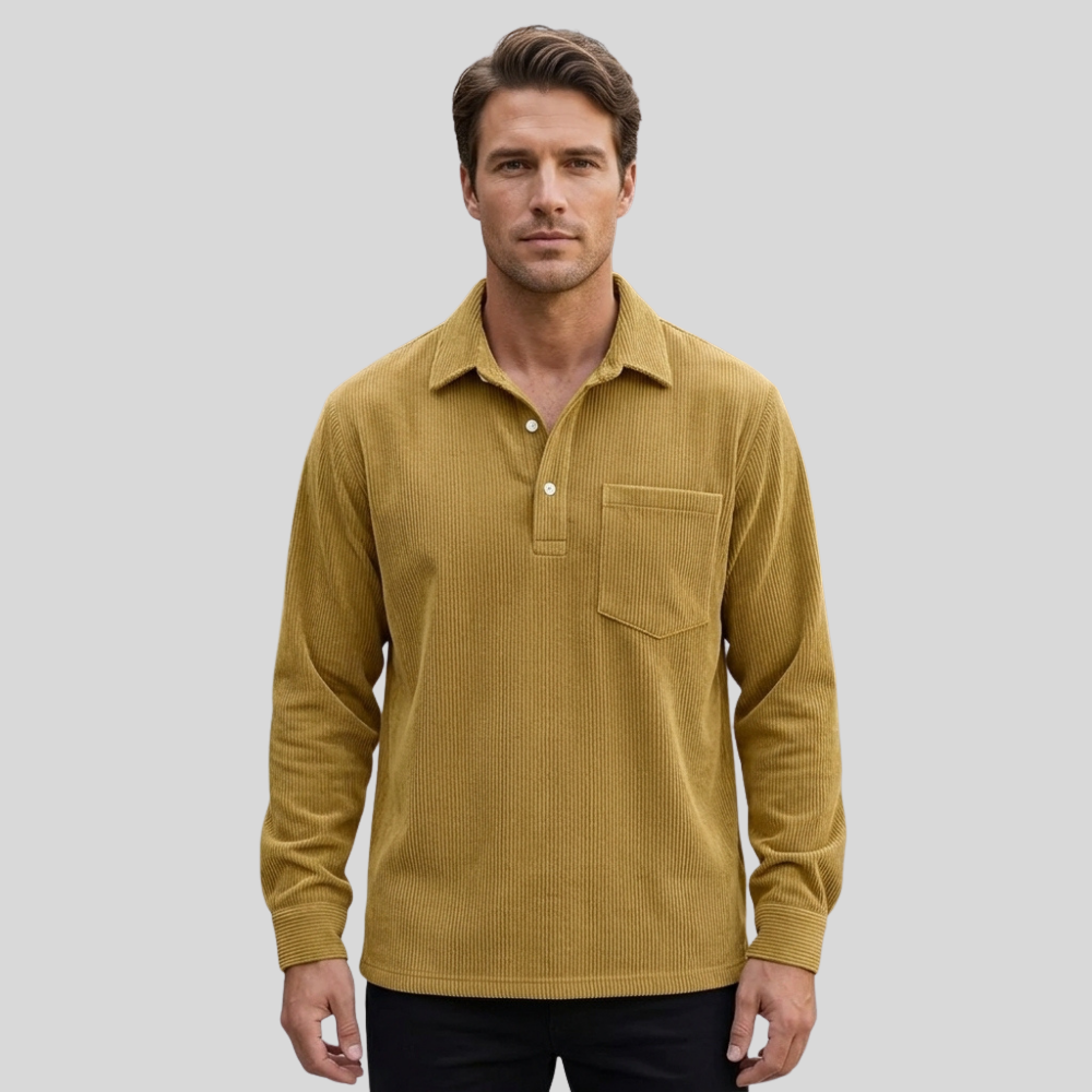 Men’s Long Sleeve Polo Shirt Casual Collared Button Front Pocket Top