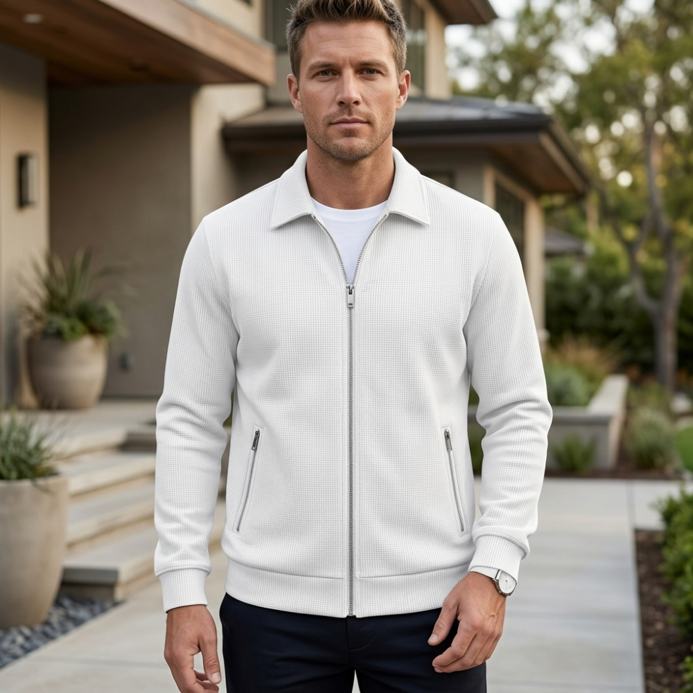 Men’s Textured Zip-Up Jacket with Stand Collar for Everyday Wear