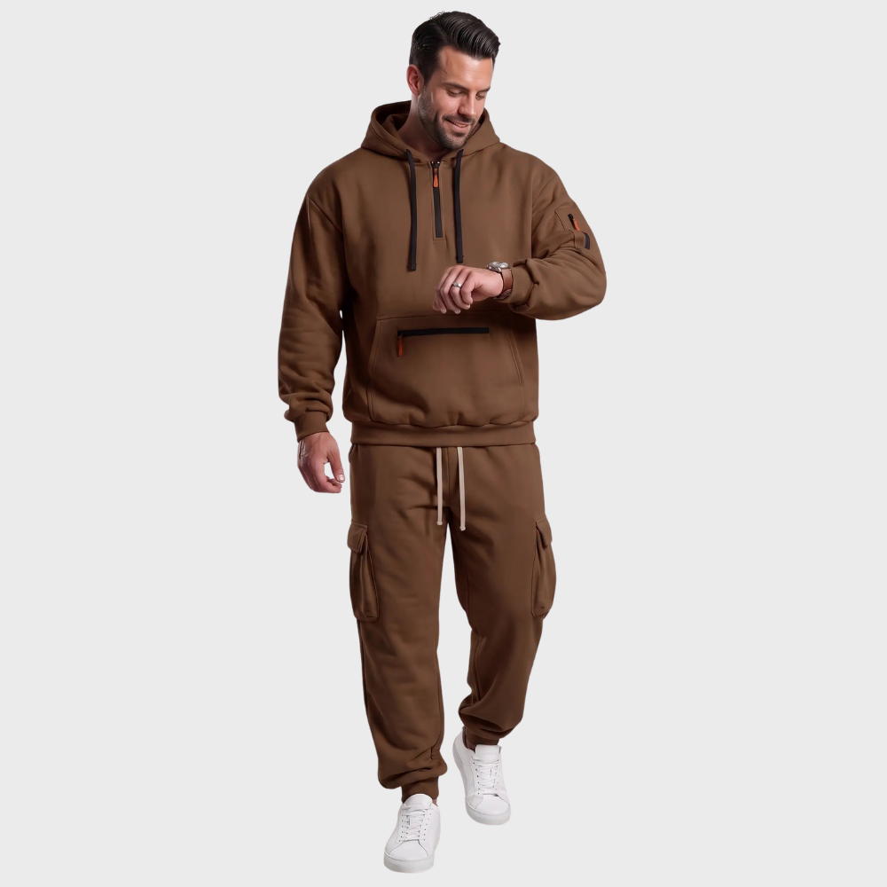 Men’s Hooded Sweatshirt Set – Casual Drawstring Top and Cargo Jogger Pants