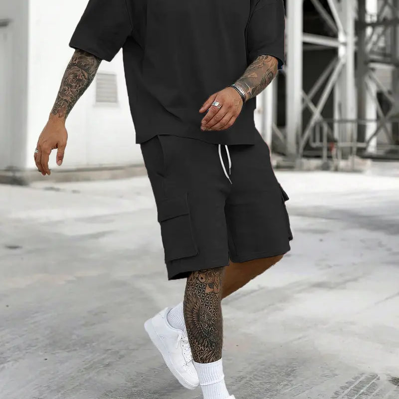 Men's Casual Cargo Shorts Set with Loose Streetwear Fit