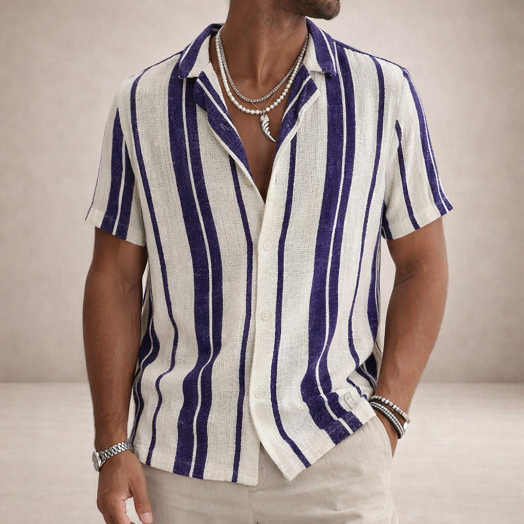 Men’s Striped Button Up Shirt Casual Short Sleeve Summer Beach Shirt