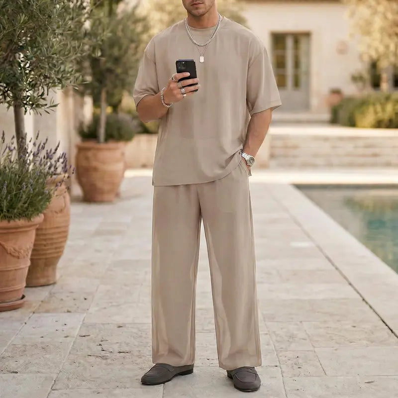 Men’s Casual Shirt and Pants Set Short Sleeve Relaxed Fit Everyday Outfit