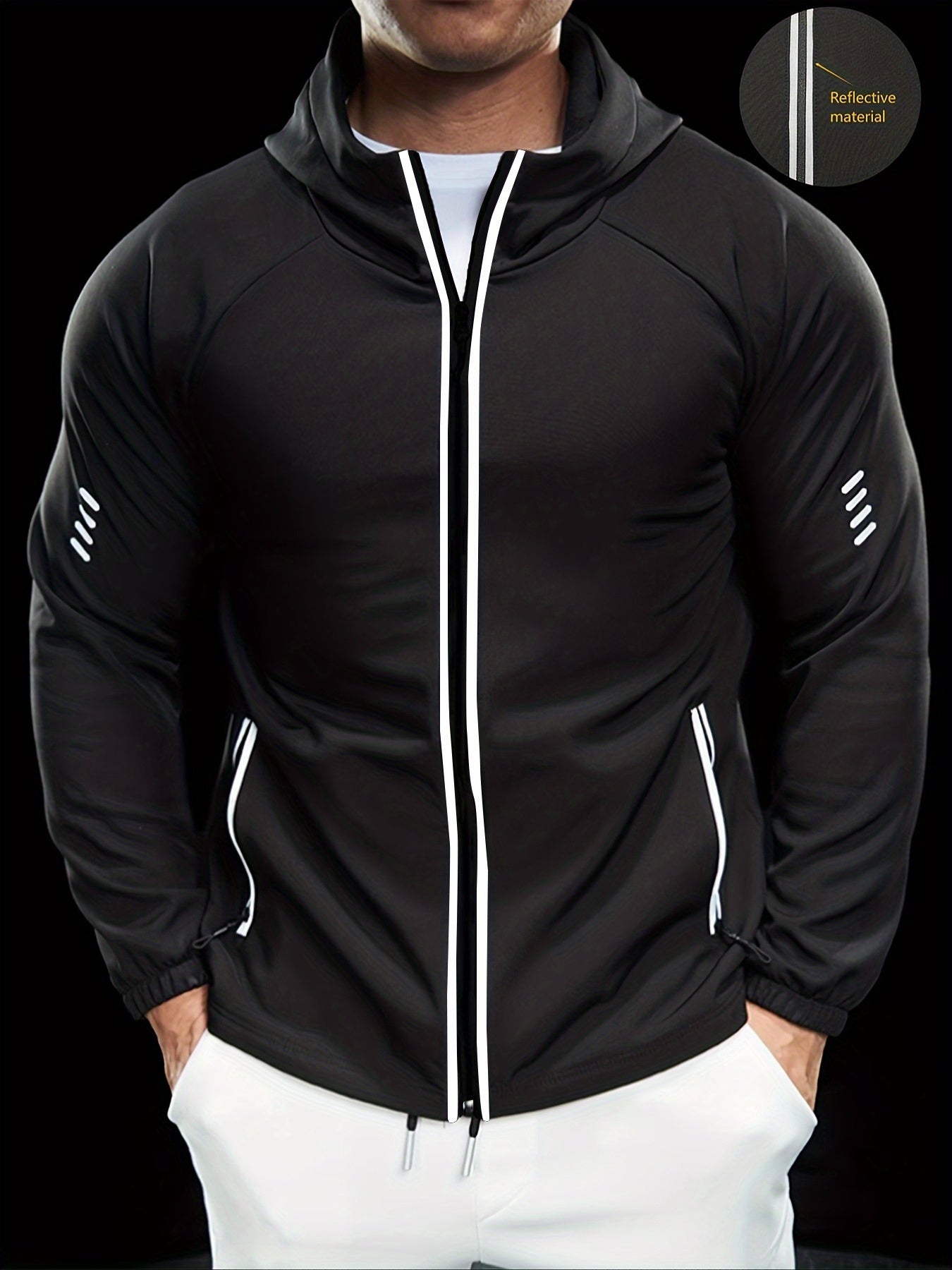 Men's Autumn Hooded Outdoor Jacket with Reflective Zip-Up Design