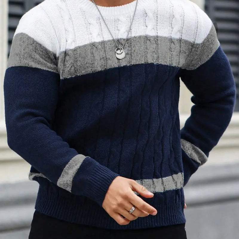 Men's Autumn Striped Crew Neck Knitted Jumper Long Sleeve Pullover