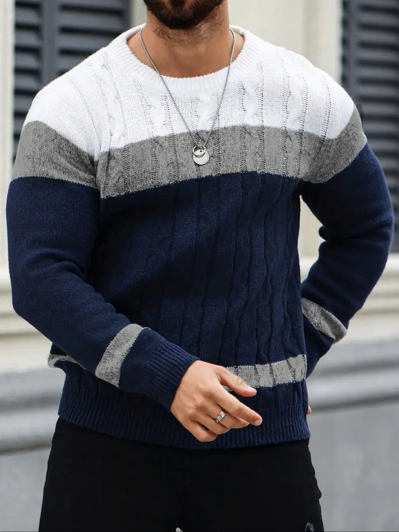 Men’s Casual Crew Neck Sweater Long Sleeve Striped Pullover