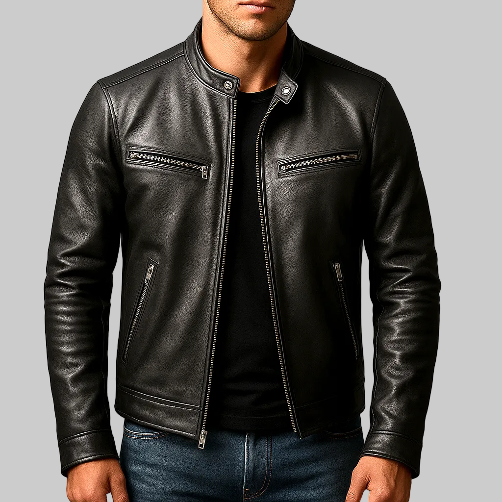 Men’s Casual Leather Jacket Zip Up Motorcycle Style Outerwear