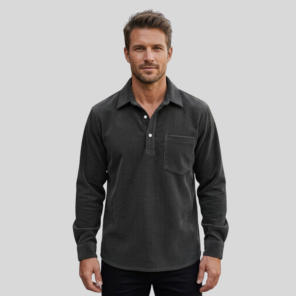 Men’s Long Sleeve Polo Shirt Casual Collared Button Front Pocket Top