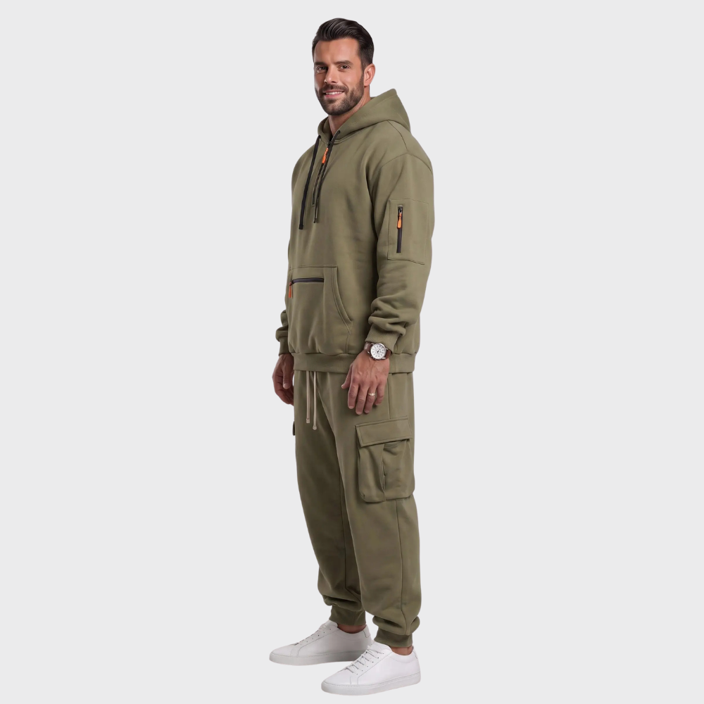 Men’s Hooded Sweatshirt Set – Casual Drawstring Top and Cargo Jogger Pants