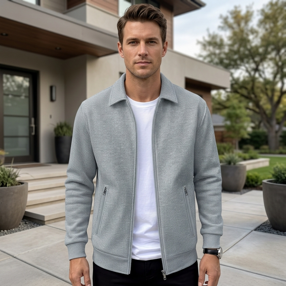Men’s Textured Zip-Up Jacket with Stand Collar for Everyday Wear