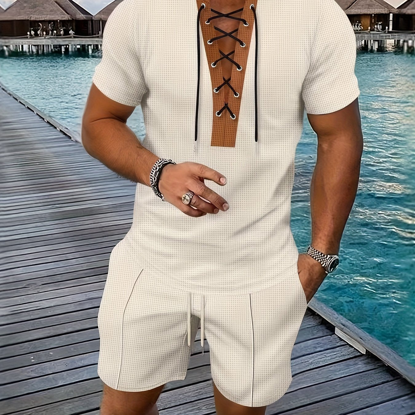 Men’s Lace Up V Neck Shirt and Shorts Set Casual Summer Outfit