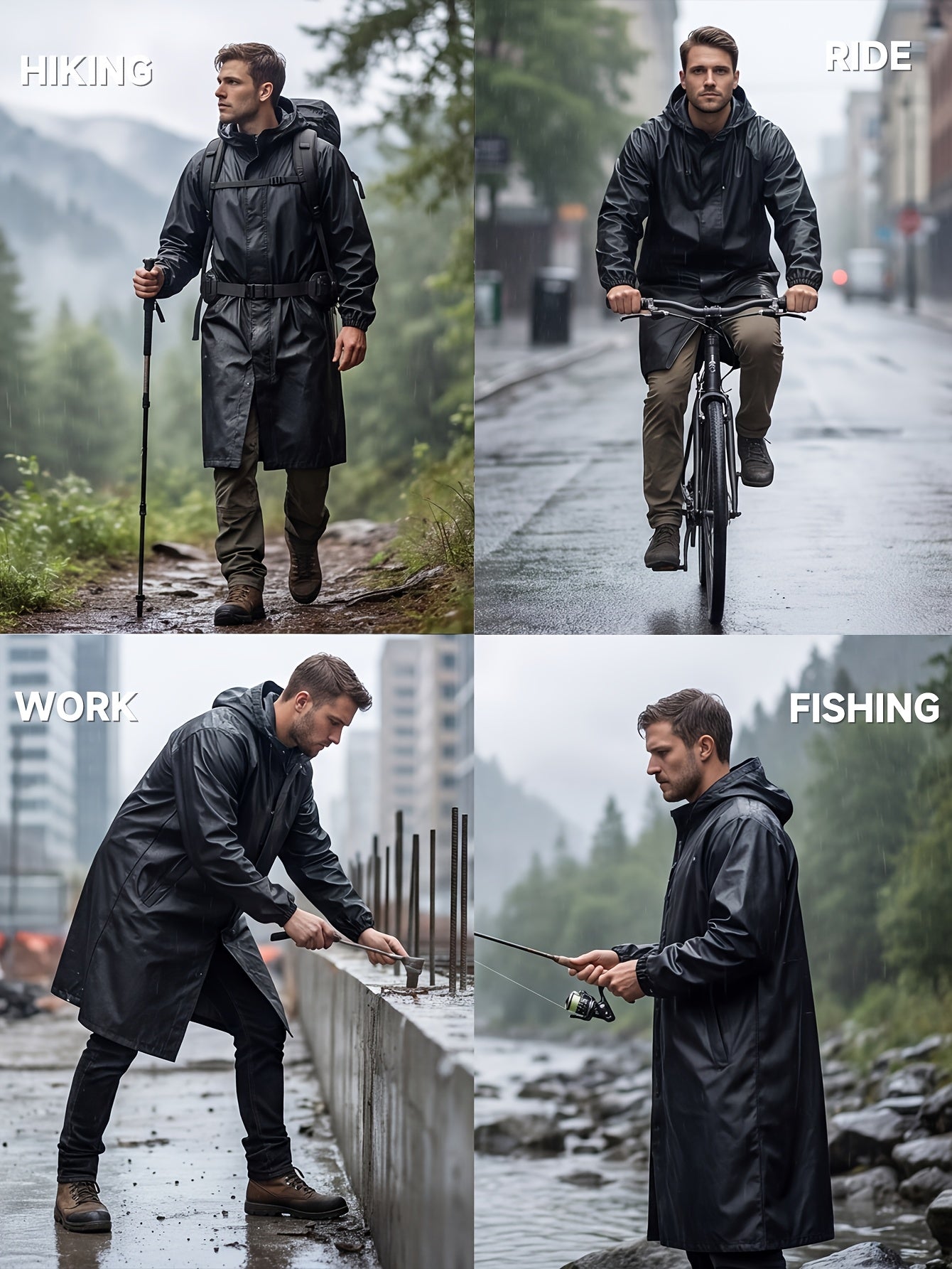 Men's Waterproof Mid-Length Hooded Coat Lightweight Packable